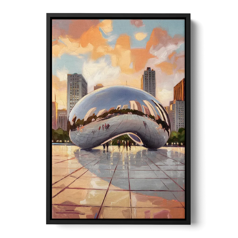 Chicago Cloud Gate Reflection Front - Black Canvas Wall Art