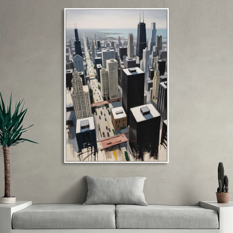 Chicago Downtown Black & White Living Room - White Canvas Wall Art