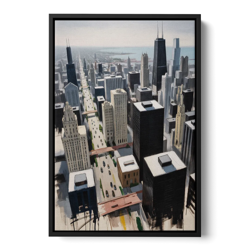 Chicago Downtown Black & White Front - Black Canvas Wall Art