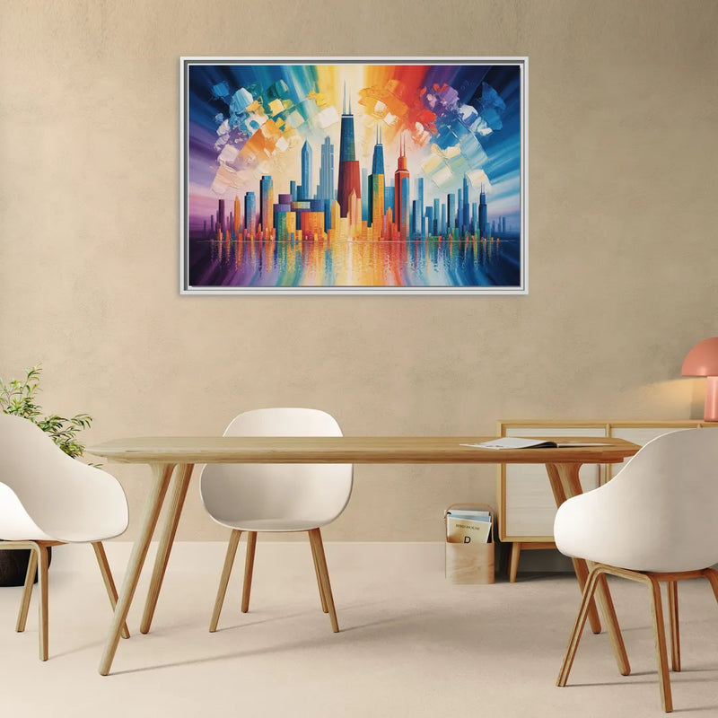 Chicago Geometric Skyline Abstraction - Living Room White Frame Canvas