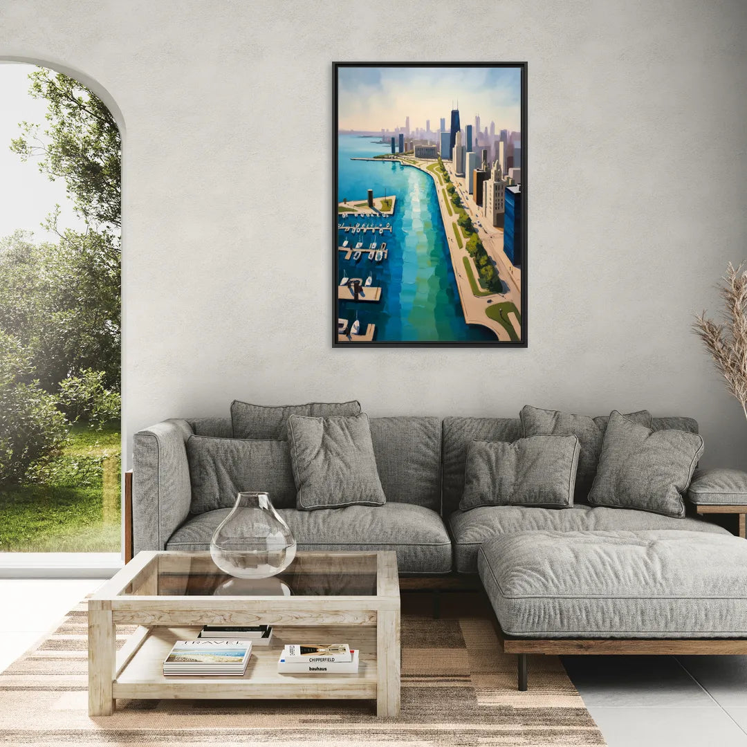 Chicago Harbor Aerial View - Living Room Black Frame Canvas