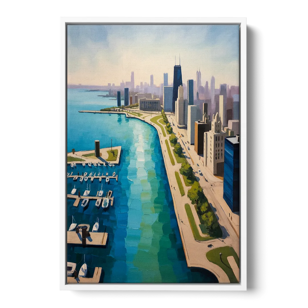 Chicago Harbor Aerial View - White Frame Canvas