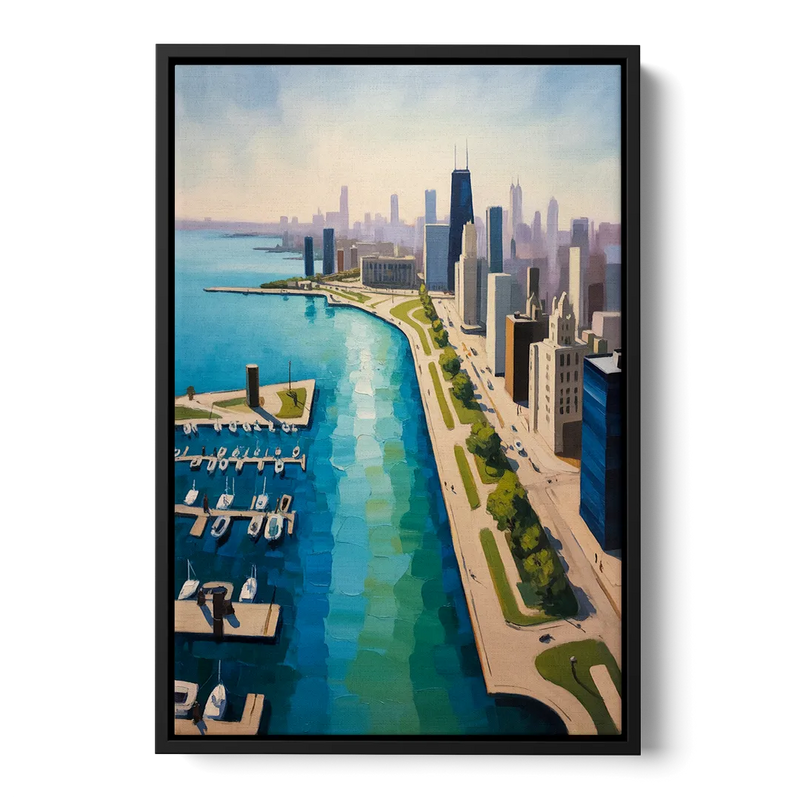 Chicago Harbor Aerial View Front - Black Canvas Wall Art