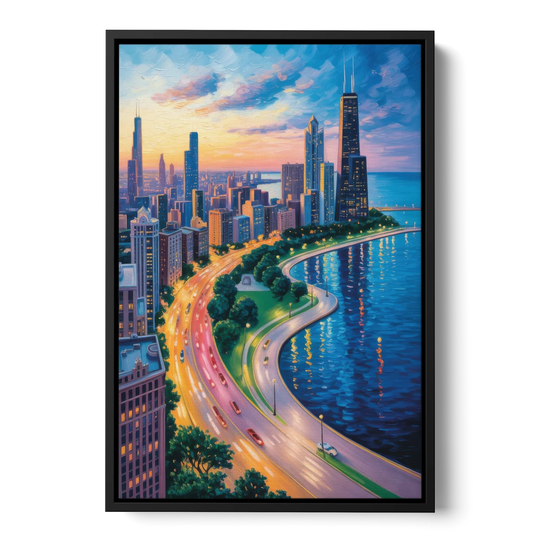 Chicago Lake Shore Drive - Black Framed Canvas Wall Art - Front