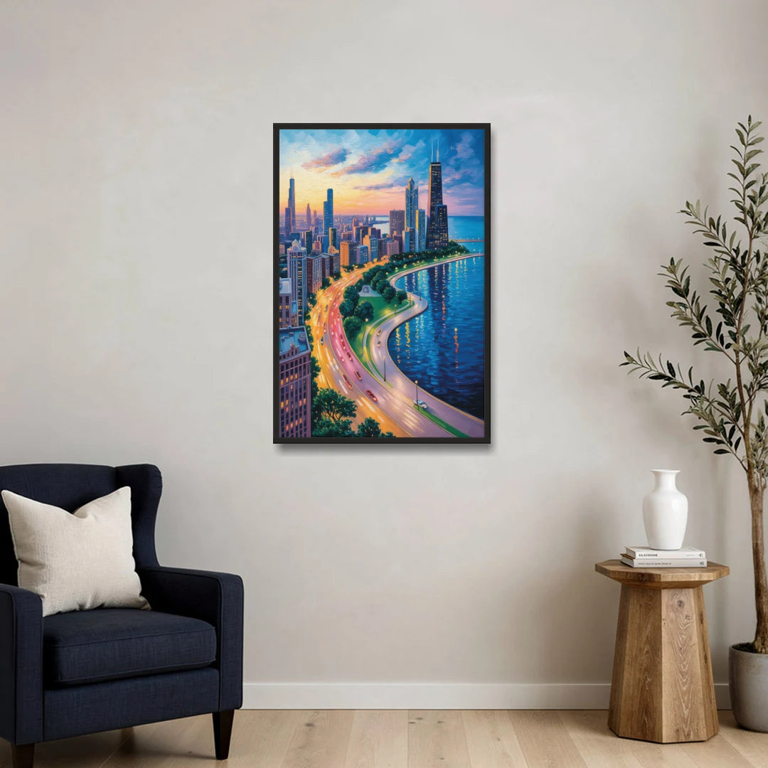 Chicago Lake Shore Drive - Black Framed Canvas Wall Art - Sofa - 24x36