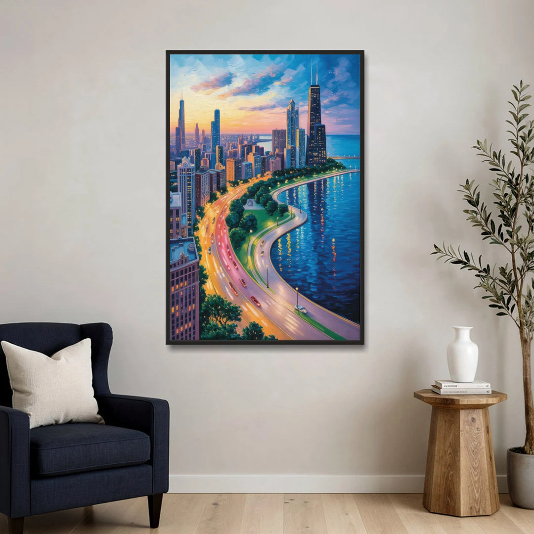 Chicago Lake Shore Drive - Black Framed Canvas Wall Art - Sofa - 32x48