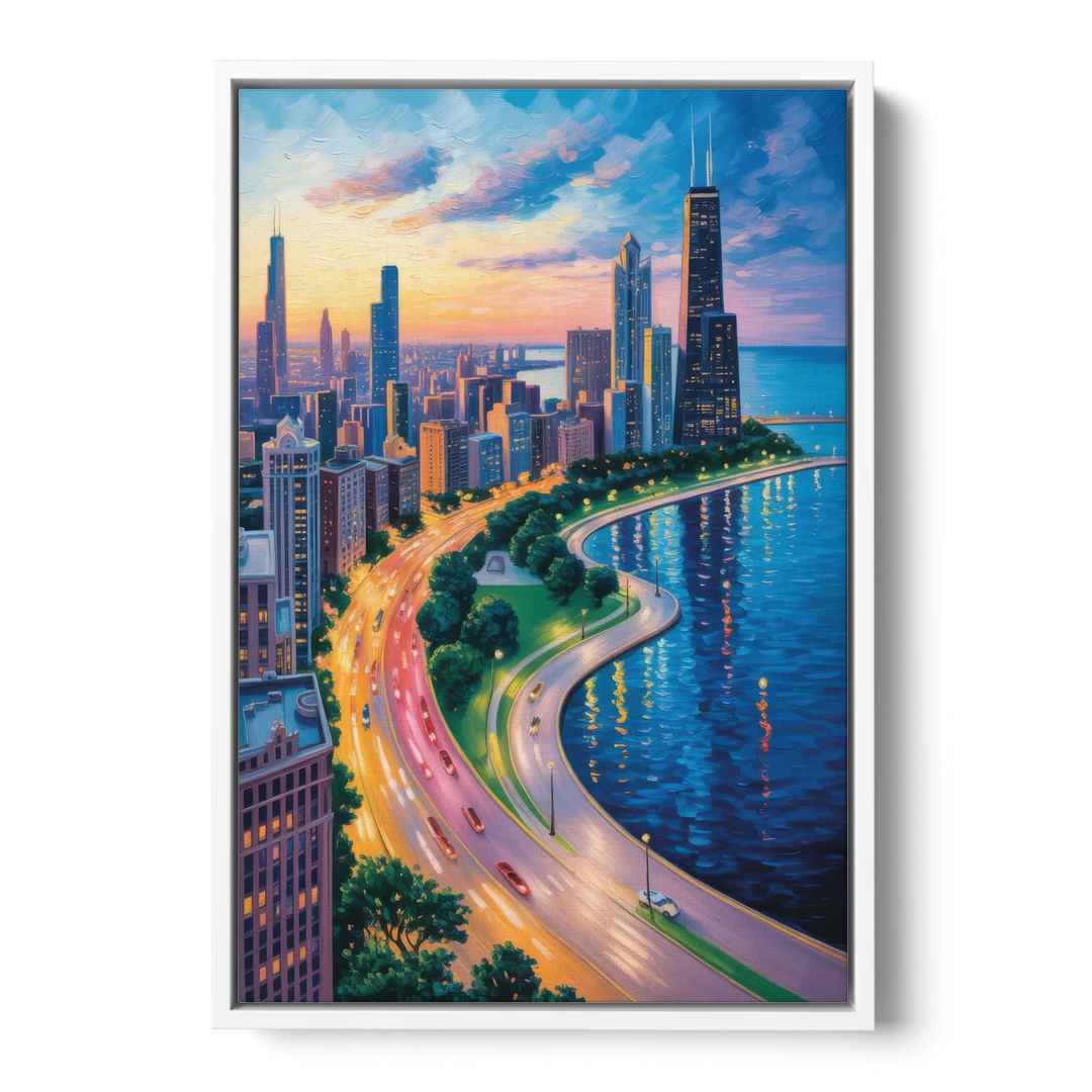Chicago Lake Shore Drive - White Framed Canvas Wall Art - Front