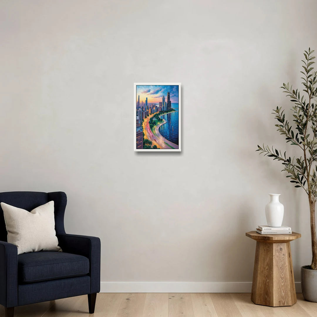 Chicago Lake Shore Drive - White Framed Canvas Wall Art - Sofa - 12x18