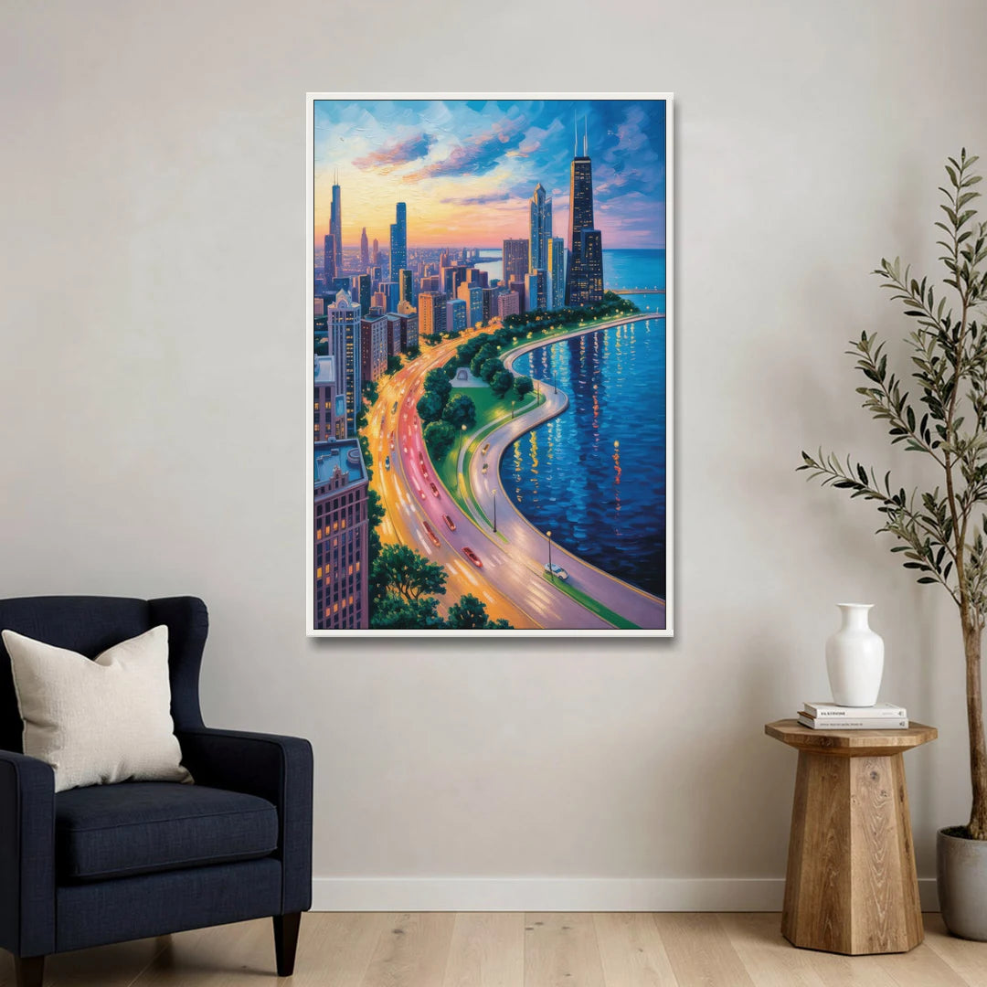 Chicago Lake Shore Drive - White Framed Canvas Wall Art - Sofa - 32x48