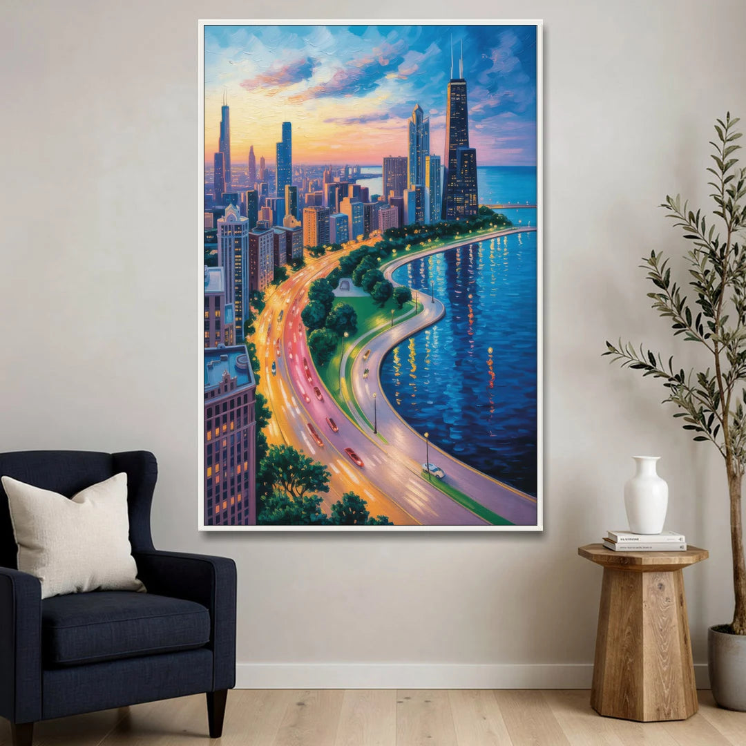 Chicago Lake Shore Drive - White Framed Canvas Wall Art - Sofa - 40x60