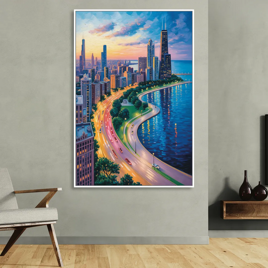 Chicago Lake Shore Drive Living Room - White Canvas Wall Art