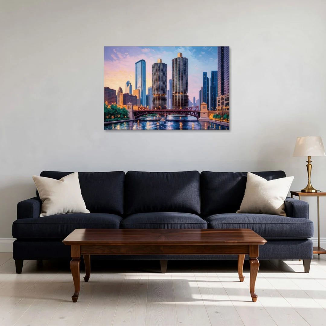 Chicago Marina City Towers Panorama - Canvas Wall Art - Sofa - 36x24