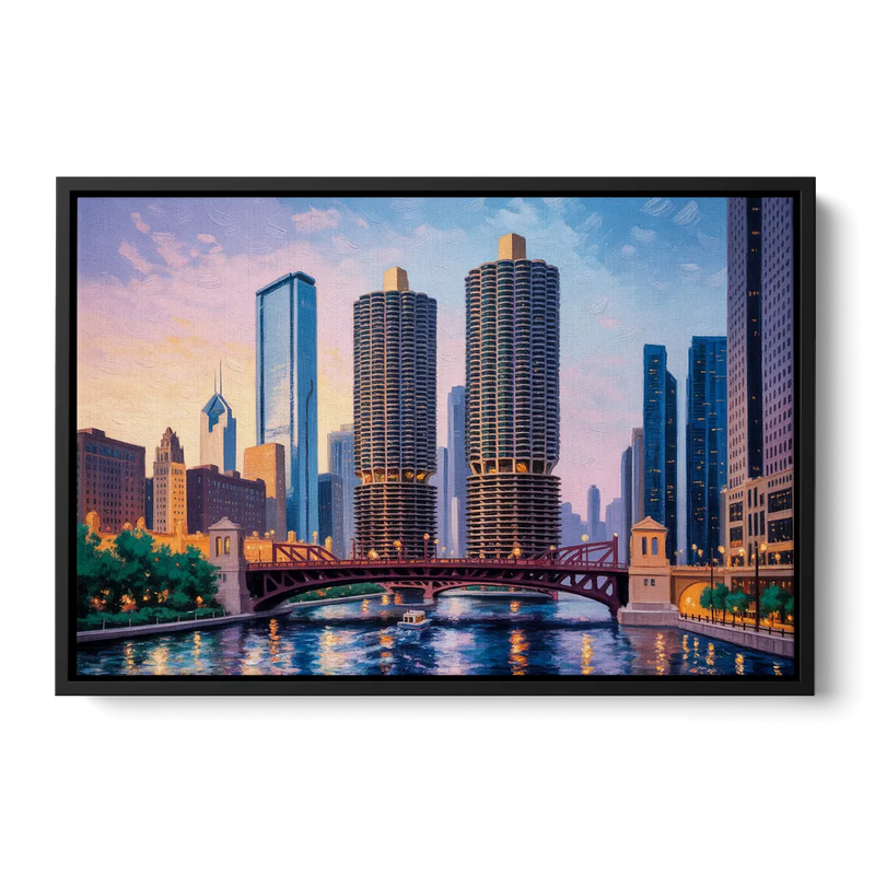 Chicago Marina City Towers Panorama Front - Black Canvas Wall Art