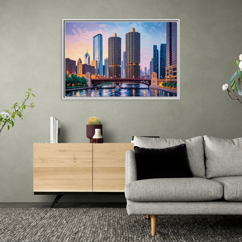 Chicago Marina City Towers Panorama - Living Room White Frame Canvas