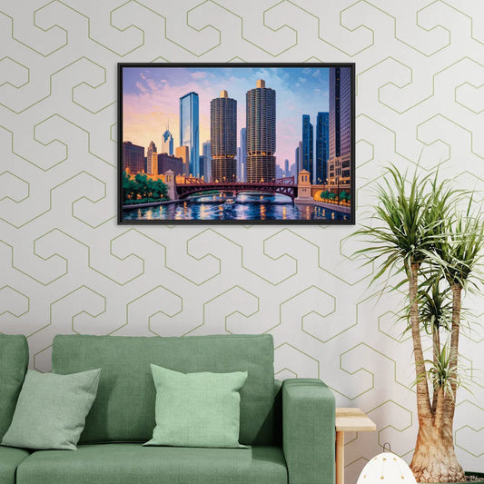 Chicago Marina City Towers Panorama - Living Room Black Frame Canvas