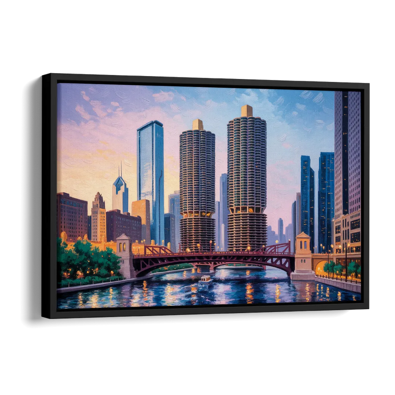 Chicago Marina City Towers Panorama Side - Black Canvas Wall Art