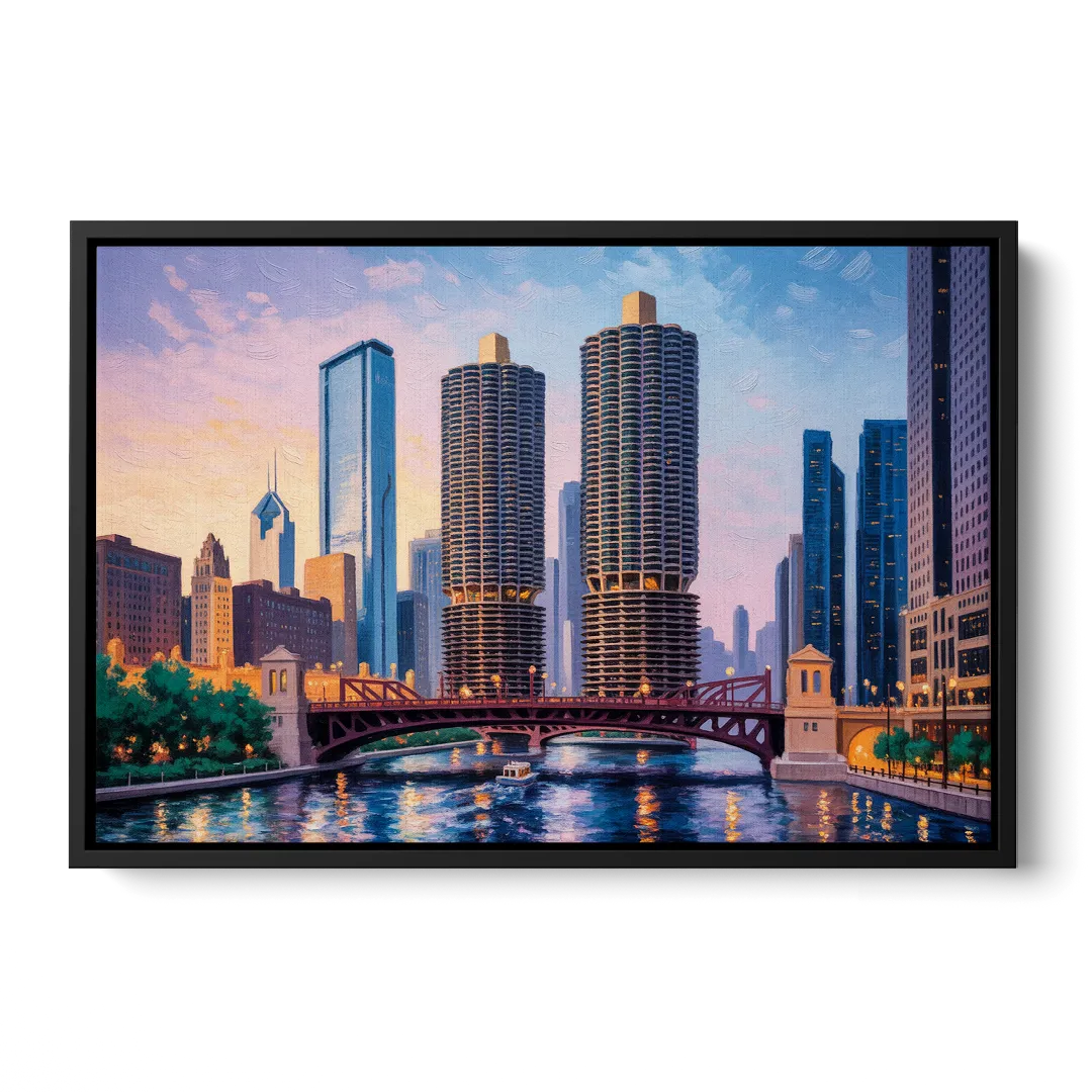 Chicago Marina City Towers Panorama - Black Frame Canvas