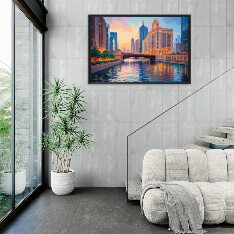 Chicago Merchandise Mart from the River - Living Room Black Frame Canvas