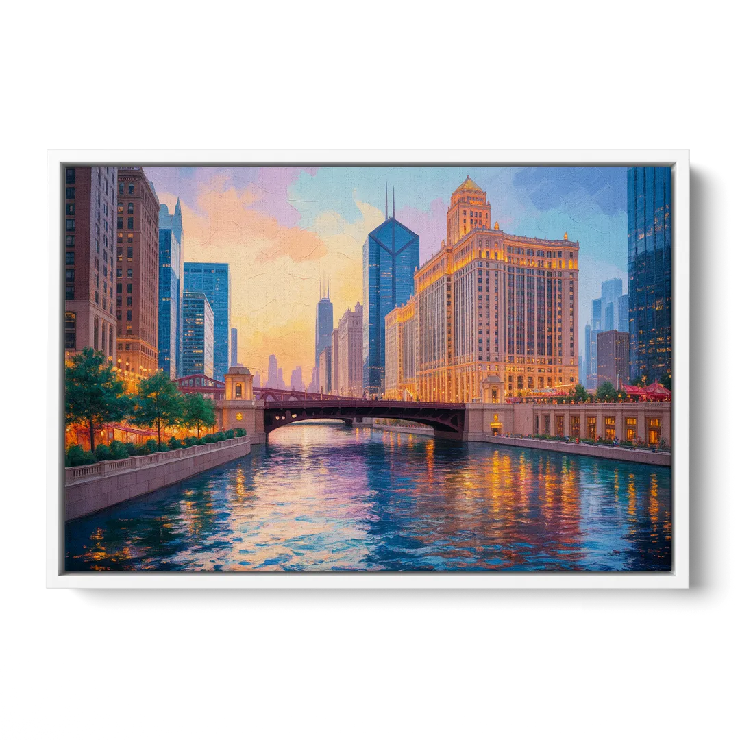 Chicago Merchandise Mart from the River - White Frame Canvas