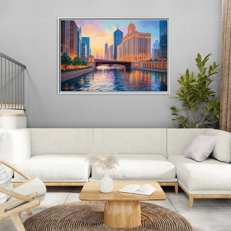 Chicago Merchandise Mart from the River - Living Room White Frame Canvas
