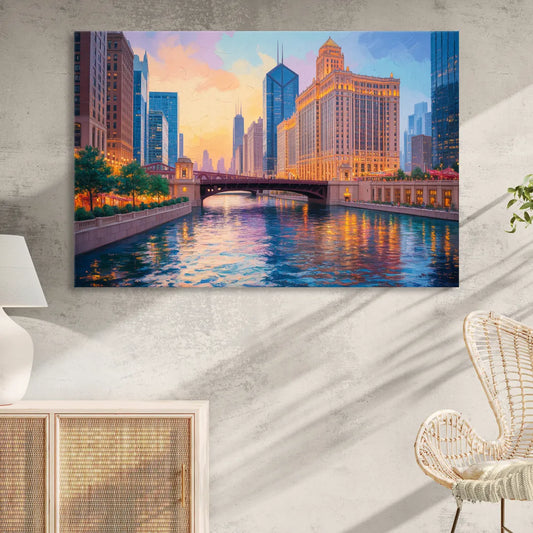 Chicago Merchandise Mart from the River Living Room - Canvas Wall Art
