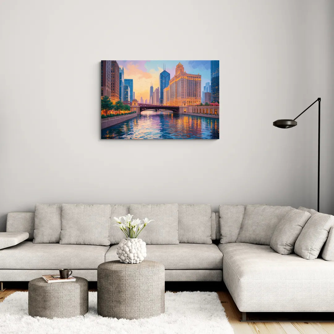 Chicago Merchandise Mart from the River - Canvas Wall Art Living Room