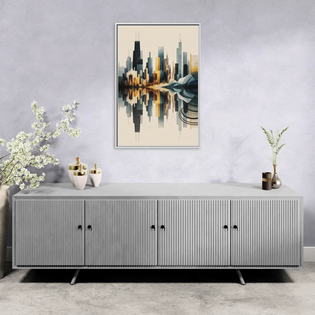 Chicago Metallic Skyline Outline - Living Room White Frame Canvas