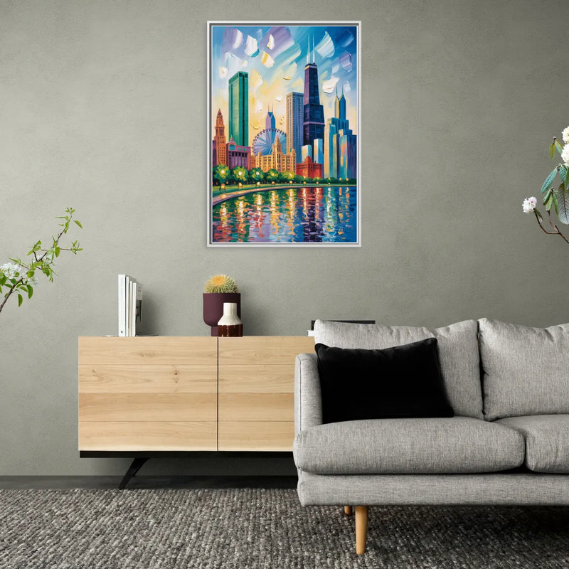 Chicago Minimal Line Art Skyline - Living Room White Frame Canvas