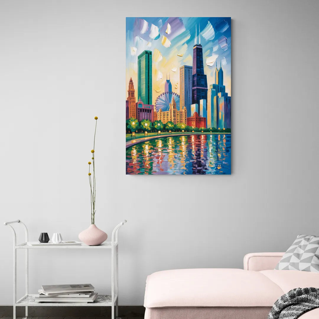 Chicago Minimal Line Art Skyline - Canvas Wall Art Living Room