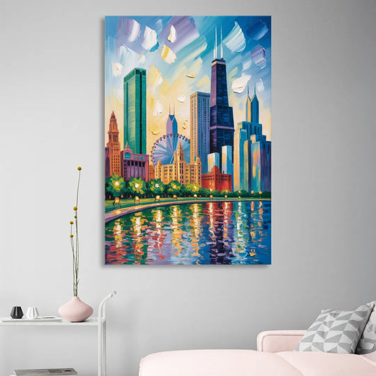 Chicago Minimal Line Art Skyline Living Room - Canvas Wall Art