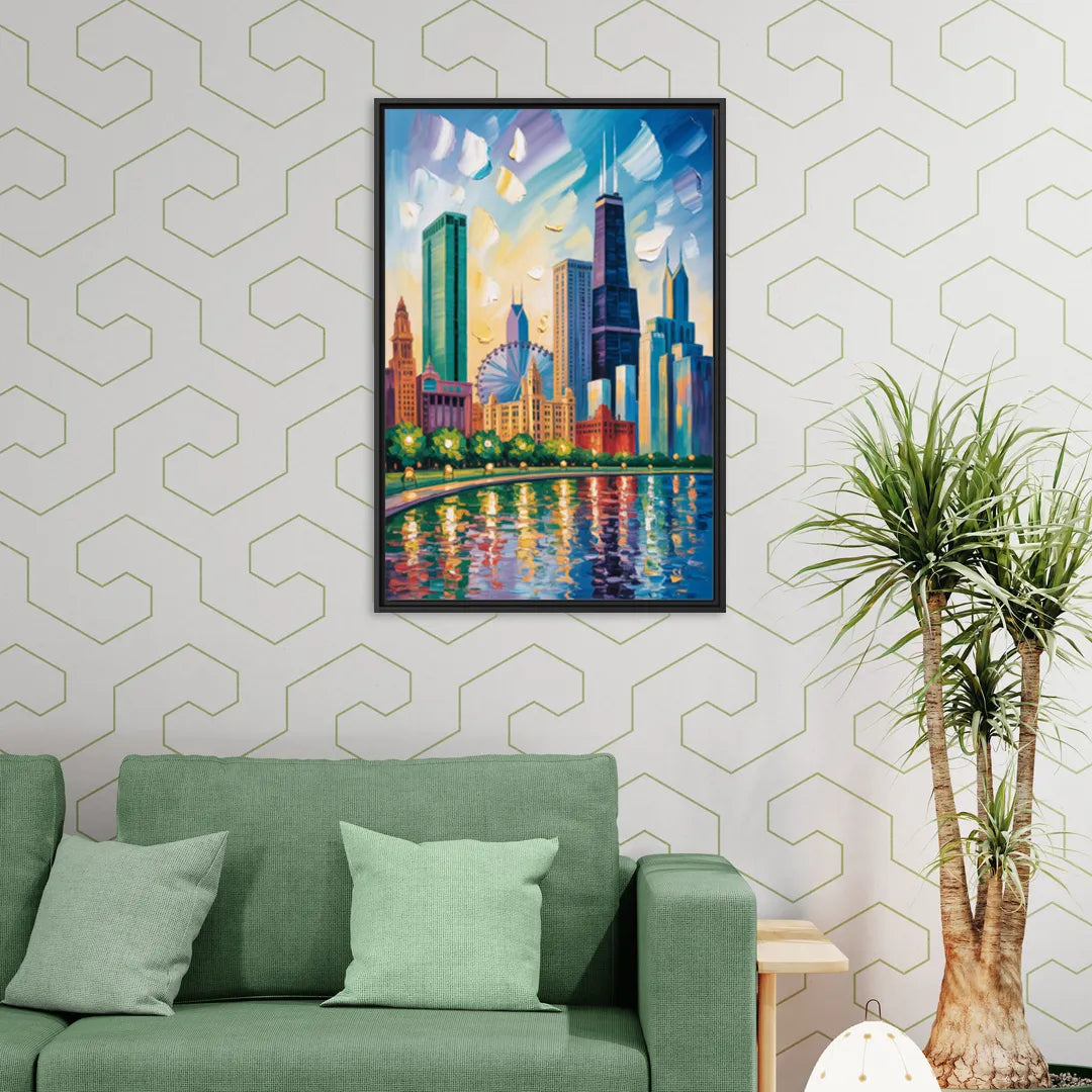 Chicago Minimal Line Art Skyline - Living Room Black Frame Canvas