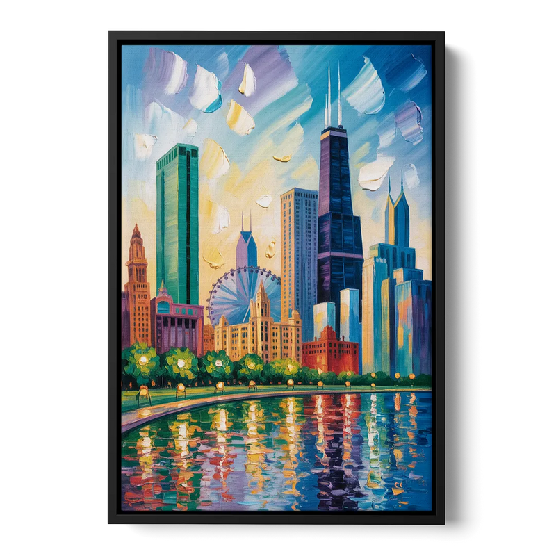 Chicago Minimal Line Art Skyline Front - Black Canvas Wall Art