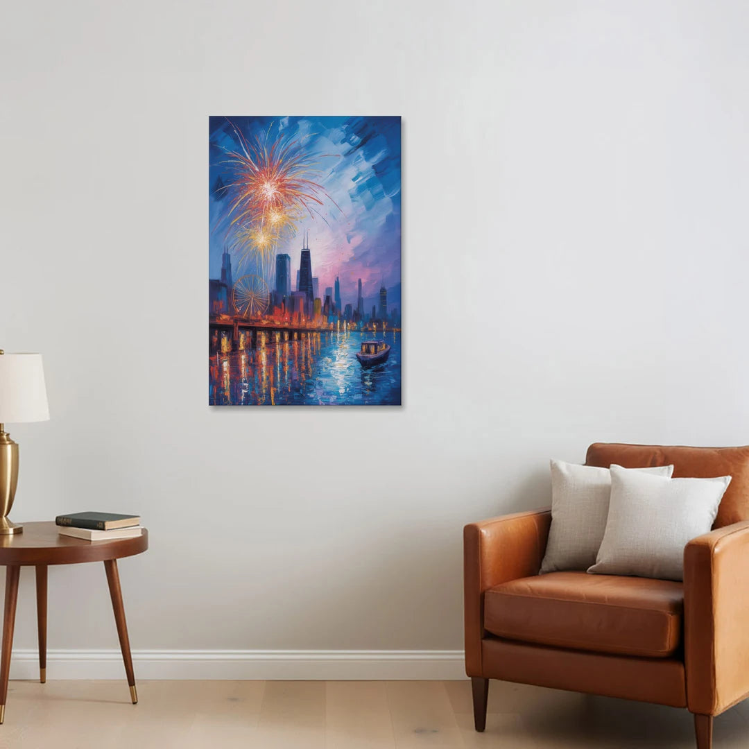 Chicago Navy Pier Fireworks Reflections - Canvas Wall Art - Sofa - 24x36