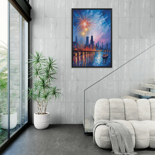 Chicago Navy Pier Fireworks Reflections - Living Room Black Frame Canvas