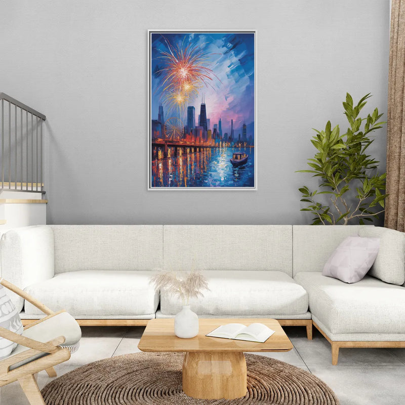 Chicago Navy Pier Fireworks Reflections - Living Room White Frame Canvas