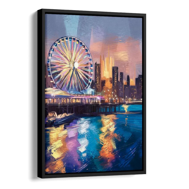 Chicago Navy Pier View Side - Black Canvas Wall Art