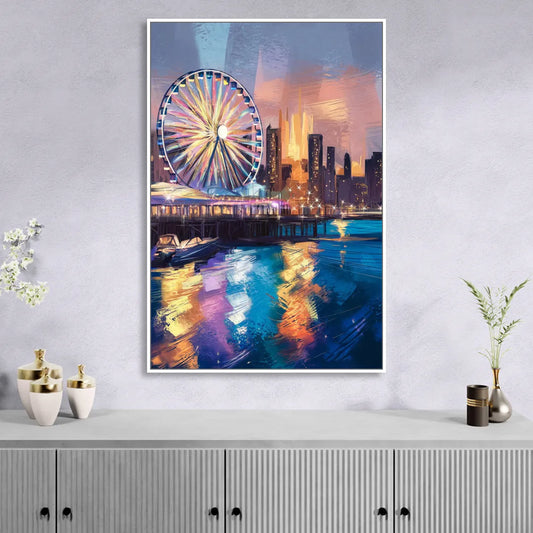 Chicago Navy Pier View Living Room - White Canvas Wall Art