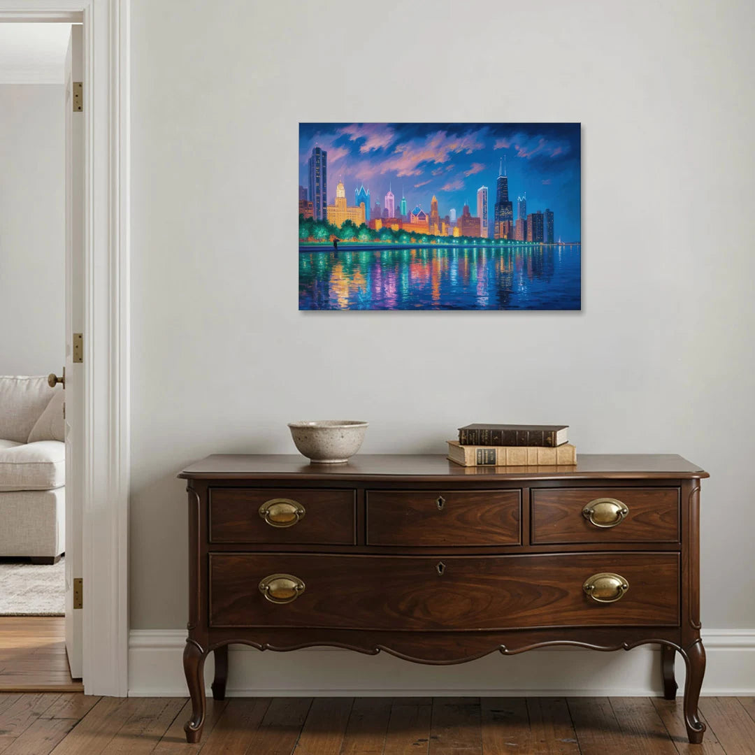 Chicago Neon Reflections at Night - Canvas Wall Art - Coffee Table - 36x24