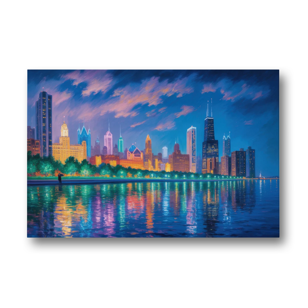 Chicago Neon Reflections at Night - Canvas Wall Art - Front