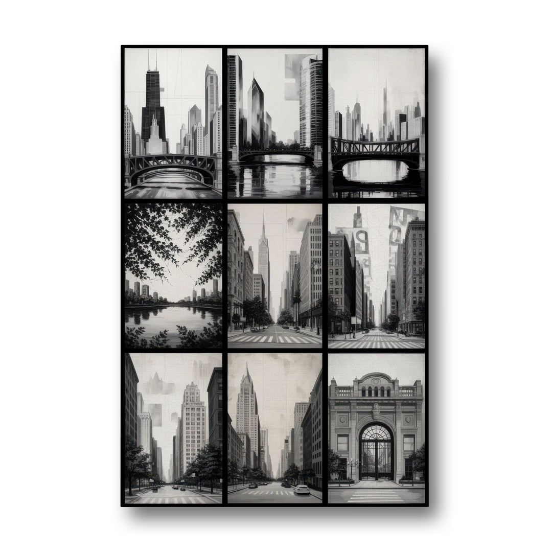 Chicago Nine Neighborhoods Grid - Canvas Wall Art - Front