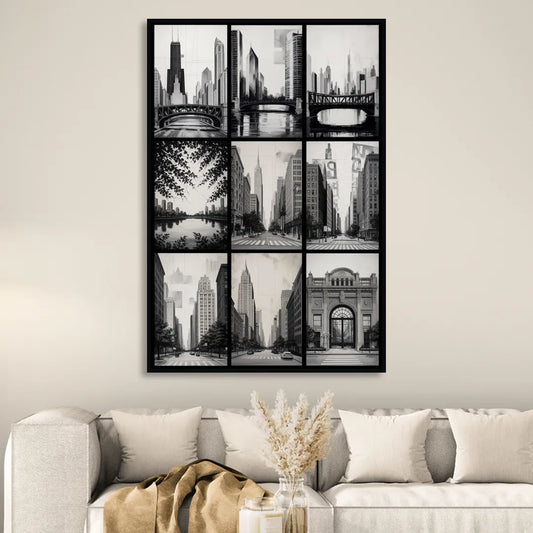 Chicago Nine Neighborhoods Grid Living Room - Black Canvas Wall Art