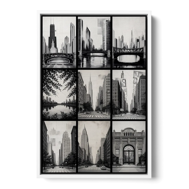Chicago Nine Neighborhoods Grid Front - White Canvas Wall Art