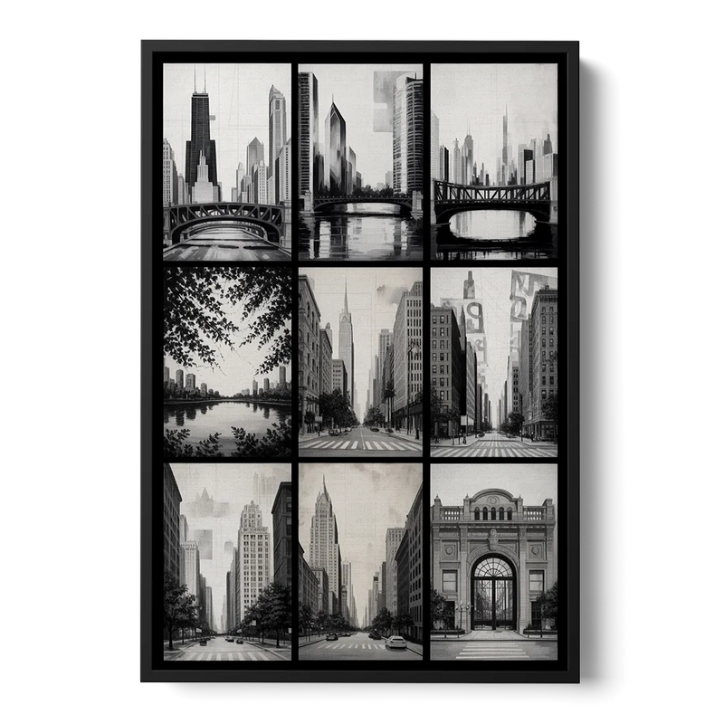 Chicago Nine Neighborhoods Grid Front - Black Canvas Wall Art