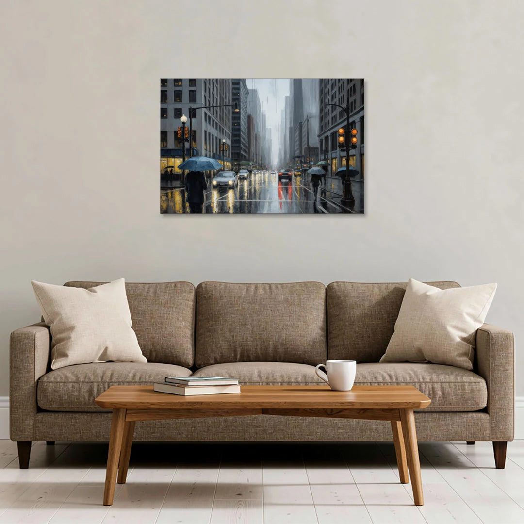 Chicago Rainy Streets in Monochrome - Canvas Wall Art - Sofa - 36x24