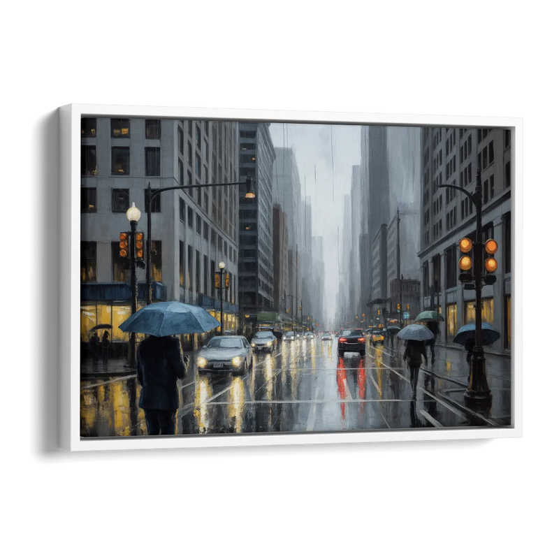 Chicago Rainy Streets in Monochrome Side - White Canvas Wall Art