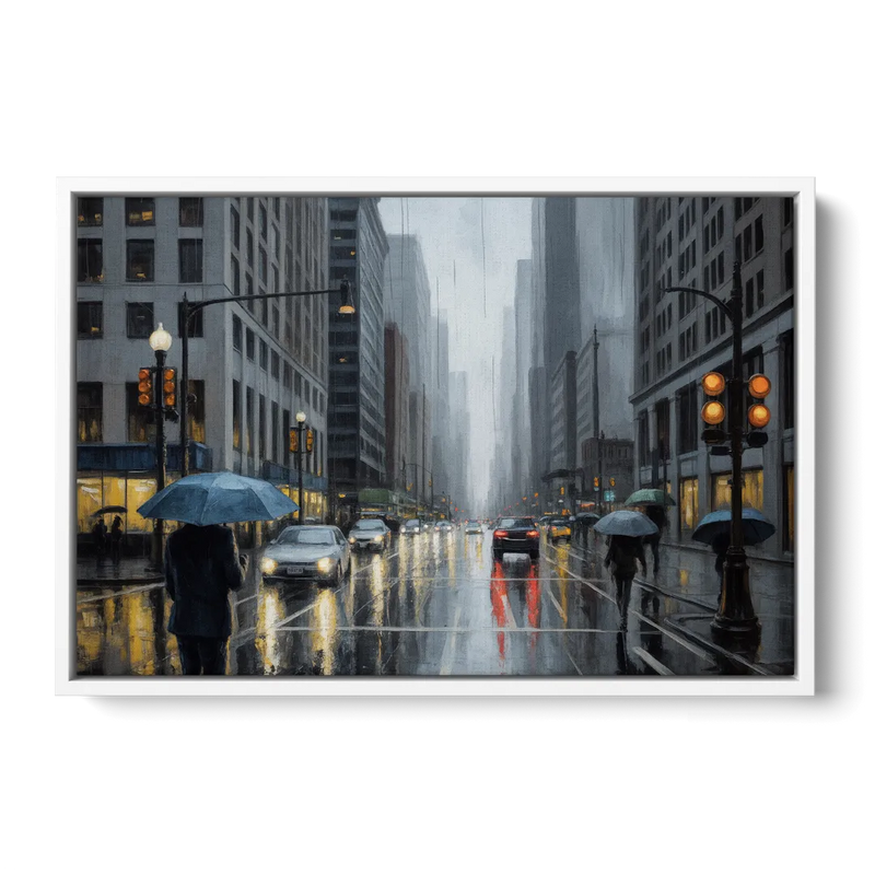 Chicago Rainy Streets in Monochrome Front - White Canvas Wall Art