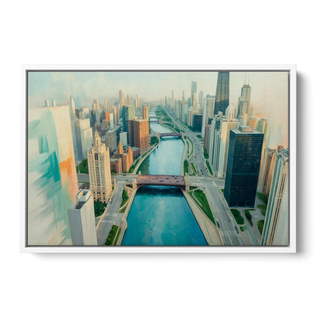 Chicago River Abstract Map - White Frame Canvas