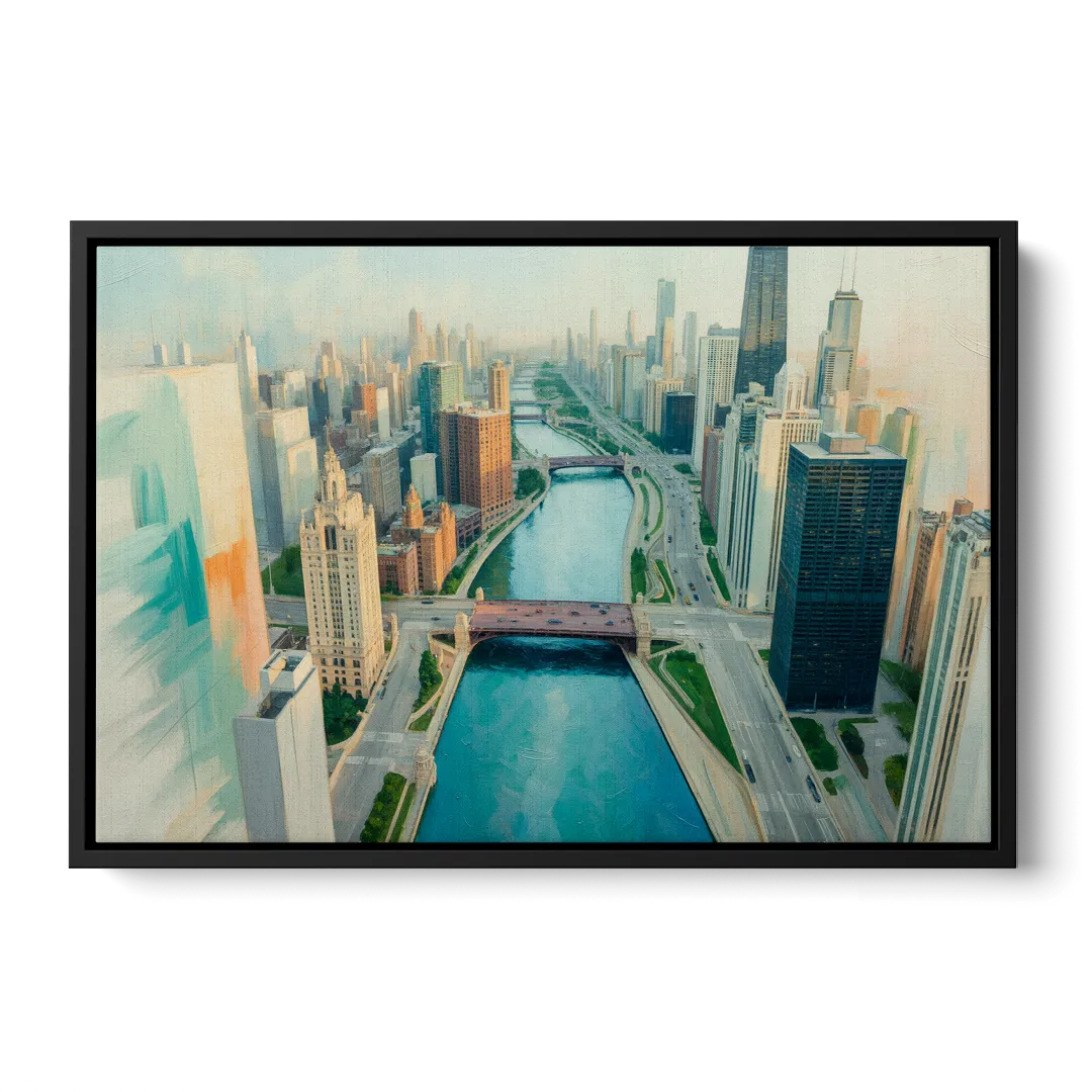 Chicago River Abstract Map - Black Frame Canvas