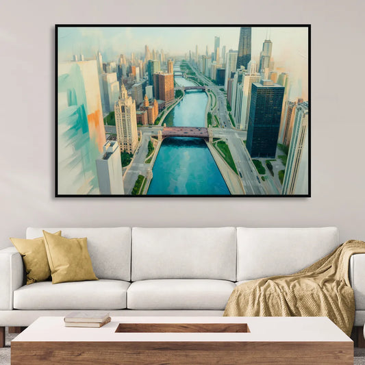Chicago River Abstract Map Living Room - Black Canvas Wall Art