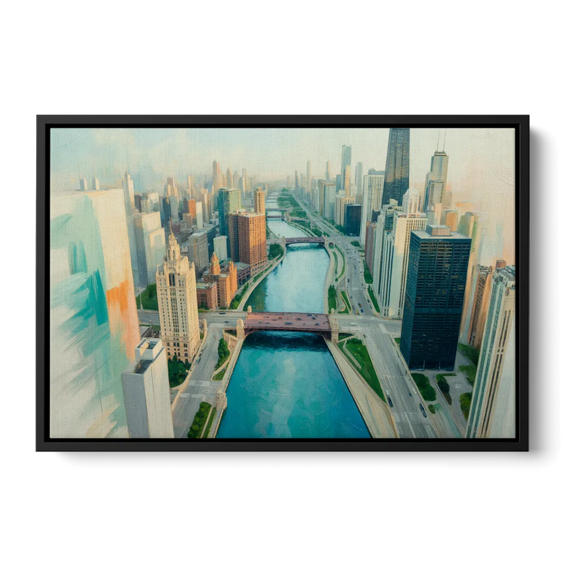 Chicago River Abstract Map Front - Black Canvas Wall Art